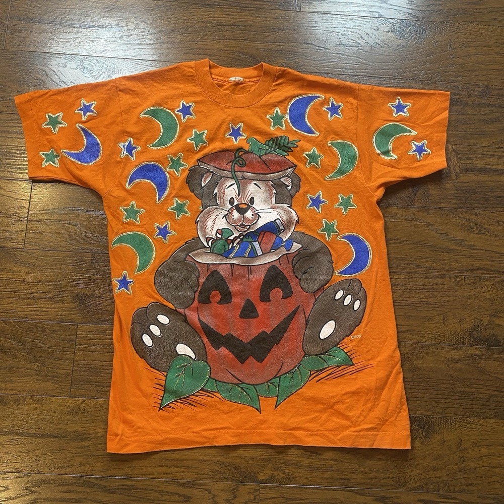 Freeze Halloween T-Shirt Women Large Orange Vintage 1996 Single Stitch Bear Moon